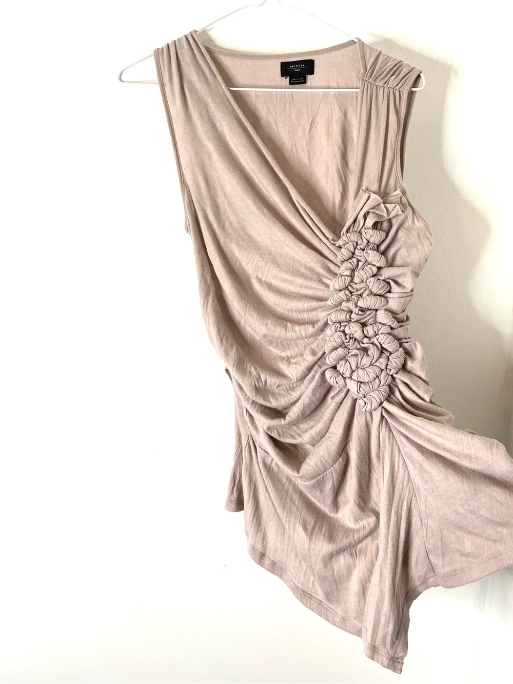 Deletta Anthropologie Rose Taupe Ruched Draped Rosette Sleeveless Tunic Top